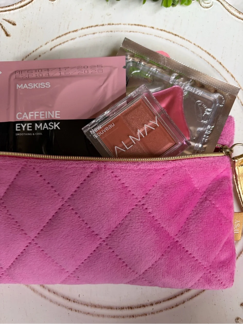 Pink Quilted Makeup Bag with Beauty Samples